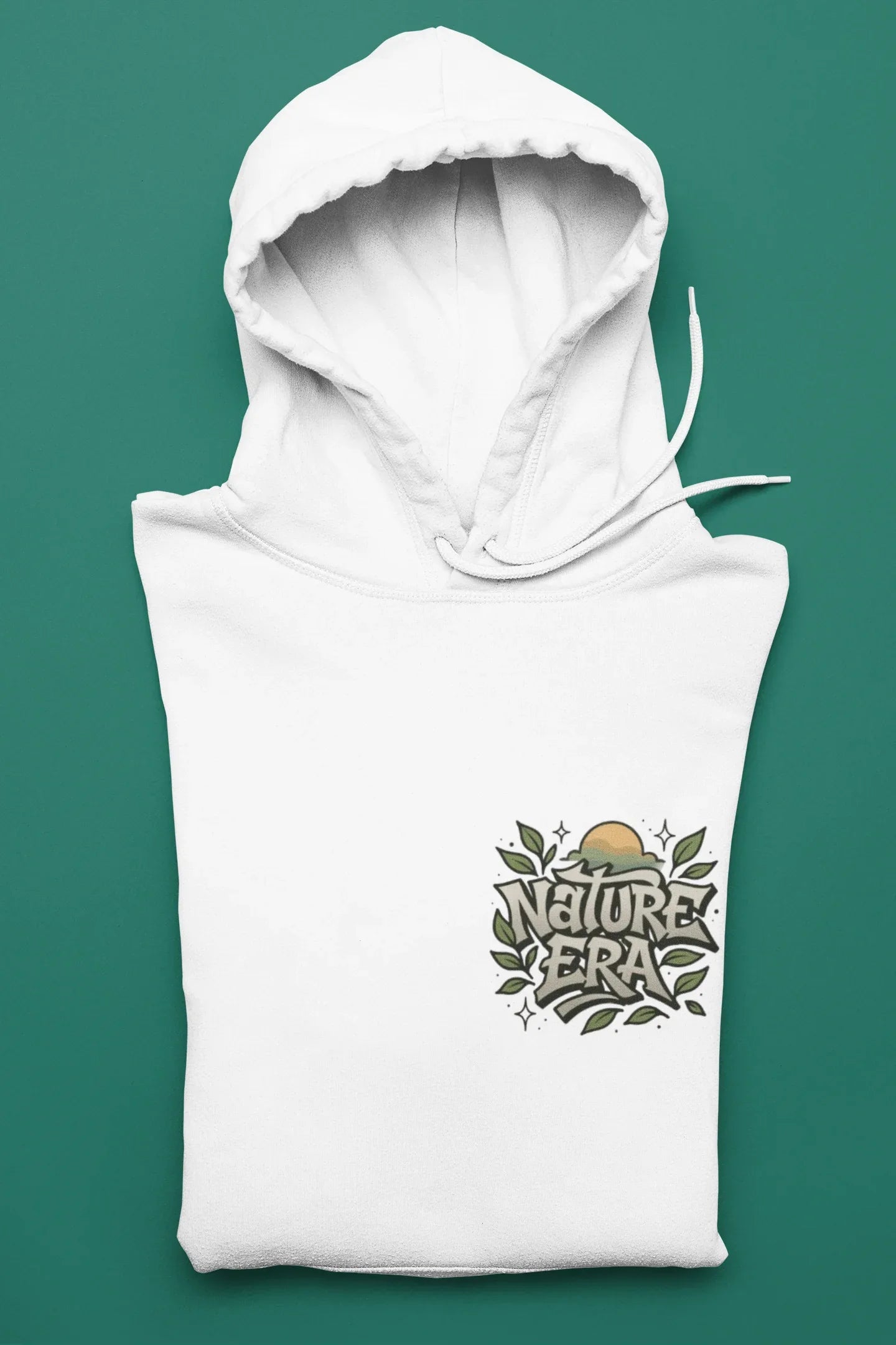 White pullover hoodie with Nature Era chest logo and drawstring hood