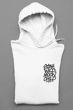 White minimal graphic hoodie with hood and front pocket, “Stay Wild Moon Child” chest logo