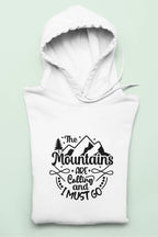 White pullover hoodie with front mountain graphic and hood drawstring