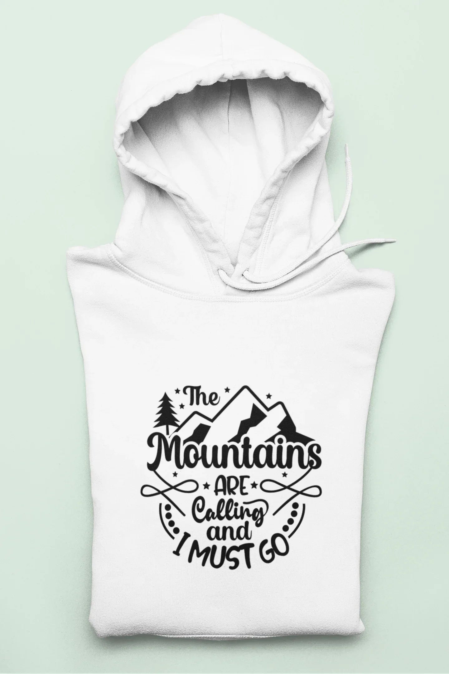 White pullover hoodie with front mountain graphic and hood drawstring