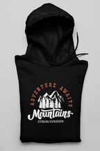 Black hoodie with hood and front pocket, Mountains logo graphic