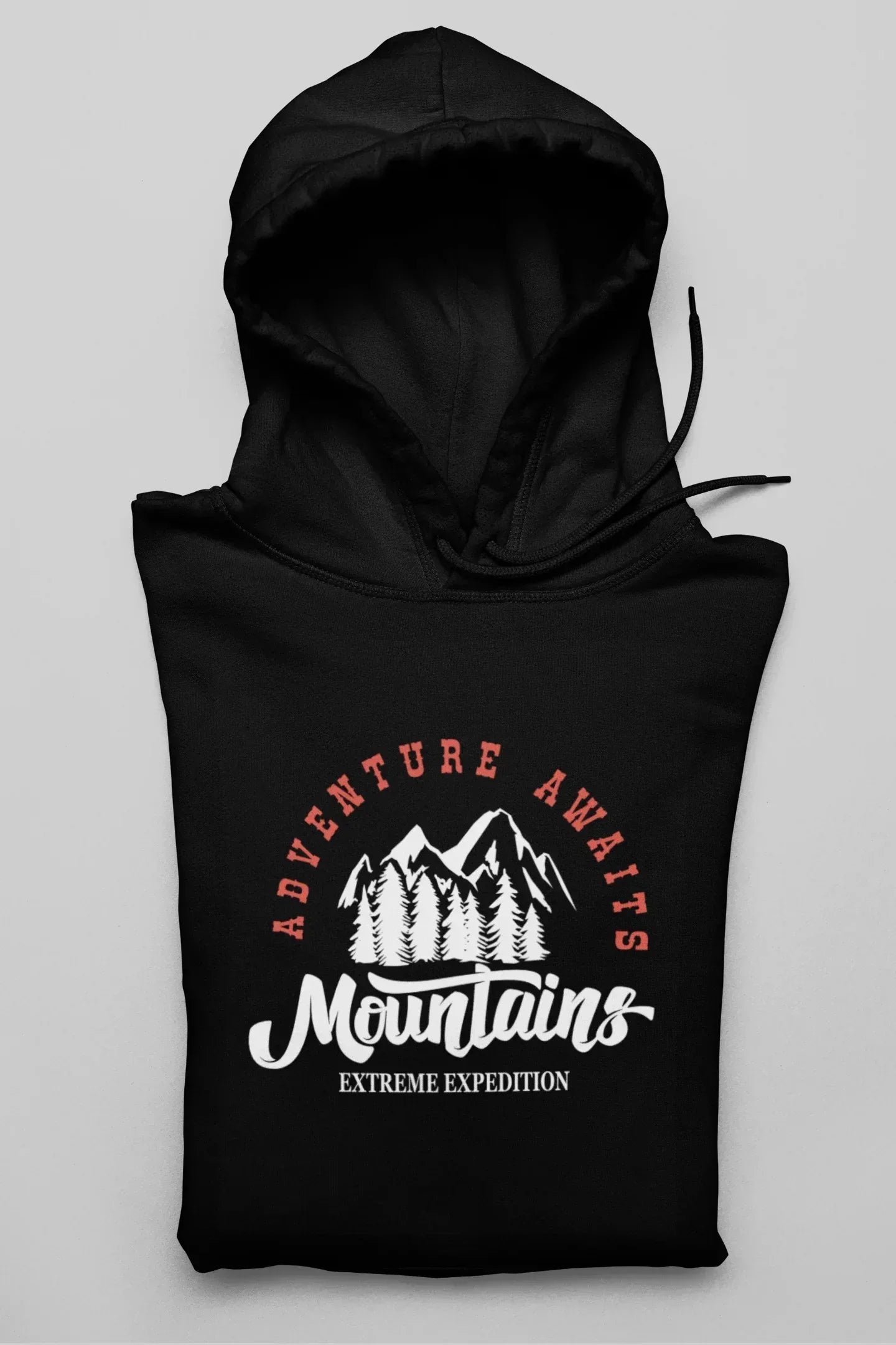 Black hoodie with hood and front pocket, Mountains logo graphic