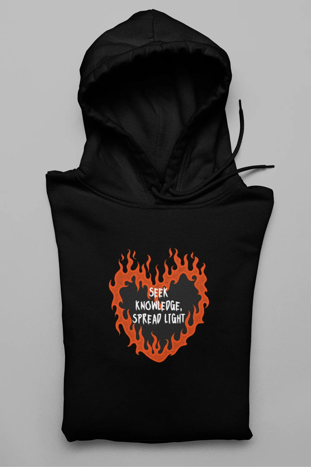 Black unisex hooded hoodie with orange flame graphic and front pouch pocket