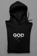 Black unisex hoodie, hood up, 'GOD' and cross logo chest graphic