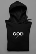 Black unisex hoodie, hood up, 'GOD' and cross logo chest graphic
