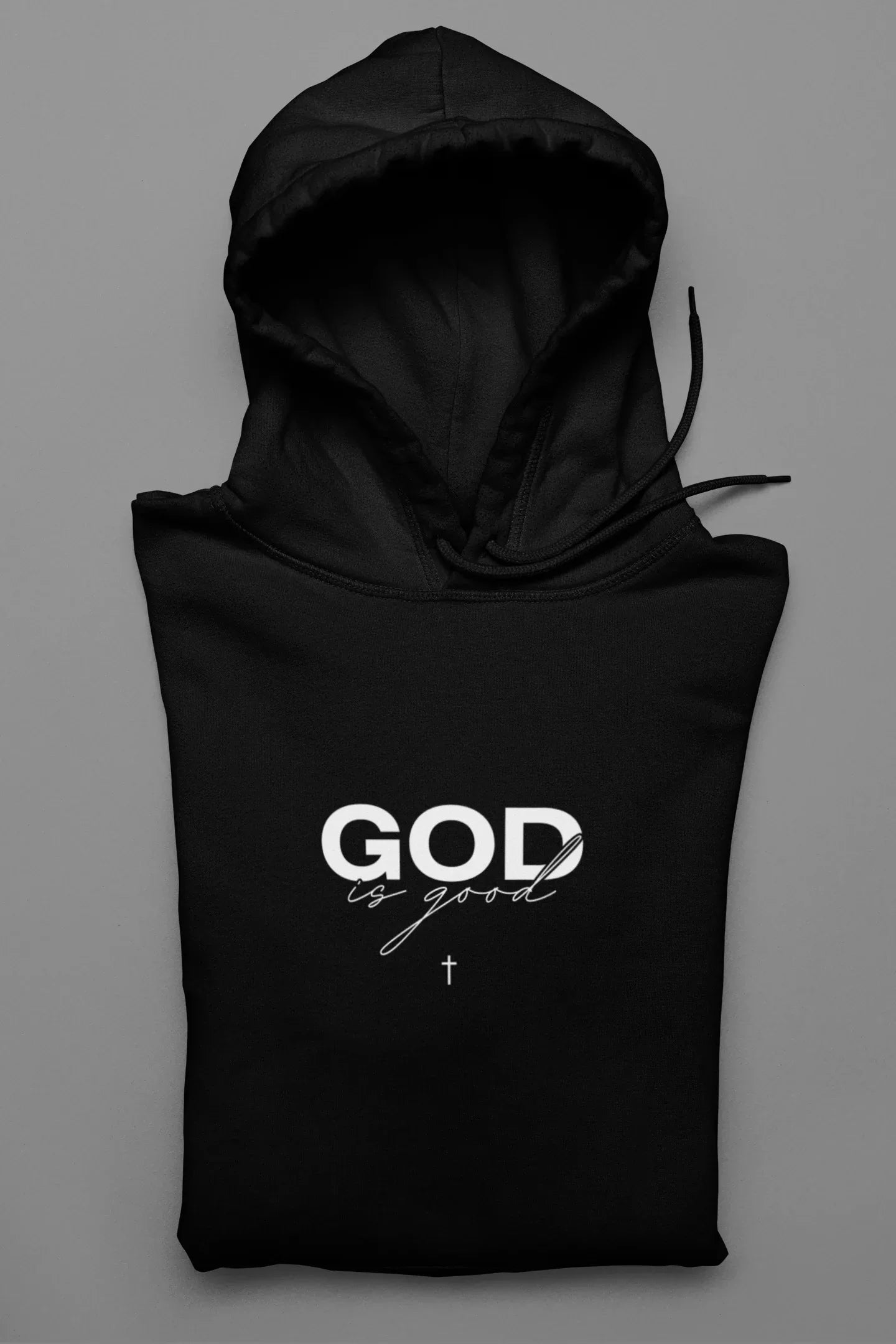 Black unisex hoodie, hood up, 'GOD' and cross logo chest graphic