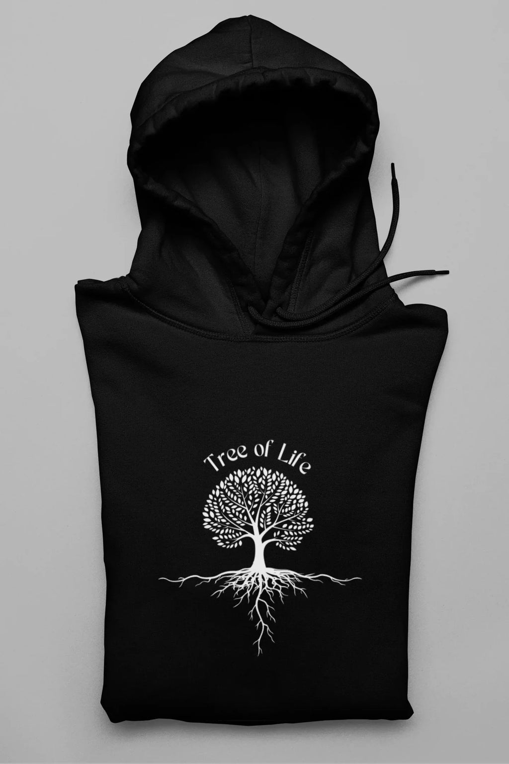 Black hoodie sweatshirt with Tree of Life tree graphic, front kangaroo pocket, drawstring hood