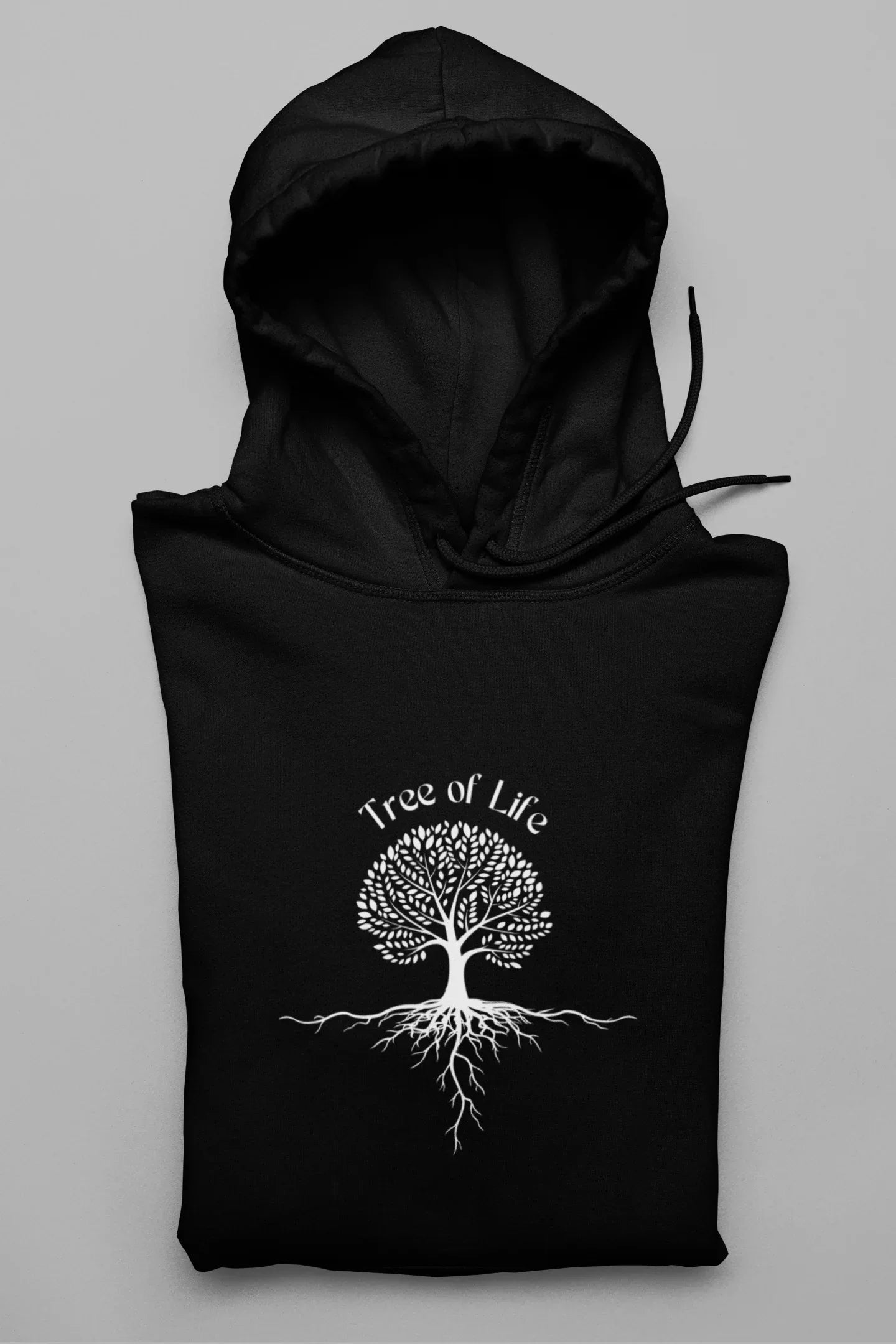 Black hoodie sweatshirt with Tree of Life tree graphic, front kangaroo pocket, drawstring hood