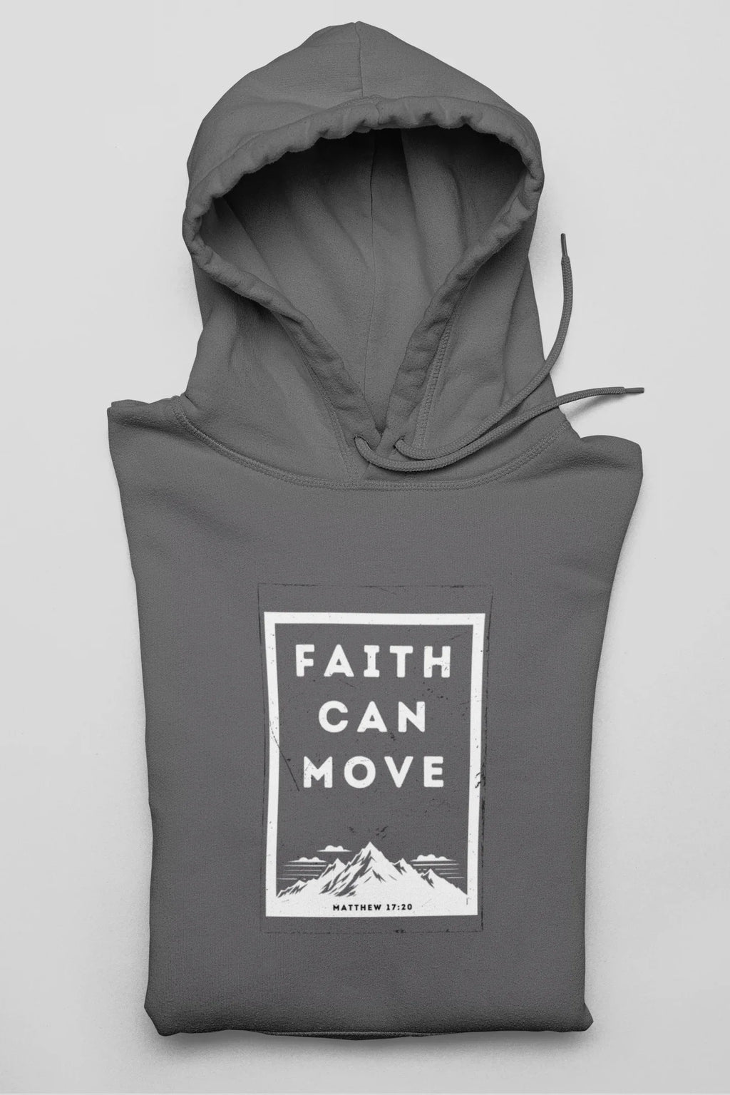 Dark gray hoodie with hood opening and drawstrings, featuring front square faith graphic
