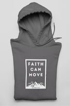 Dark gray hoodie with hood opening and drawstrings, featuring front square faith graphic