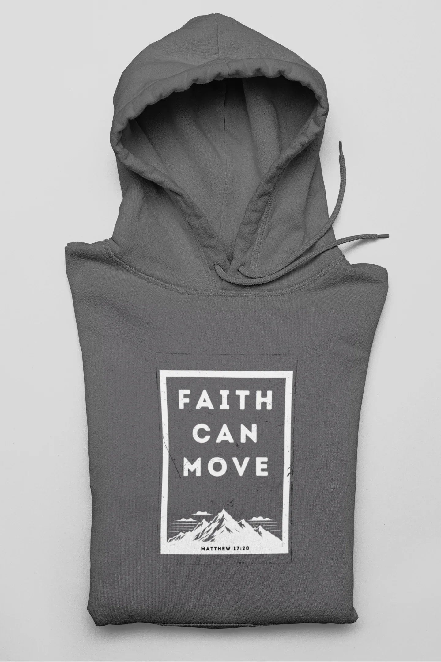 Dark gray hoodie with hood opening and drawstrings, featuring front square faith graphic