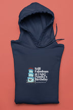 Navy birthday graphic hoodie with hood and front pouch pocket