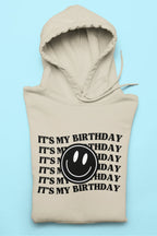 Beige birthday hooded sweatshirt with hood and front graphic text