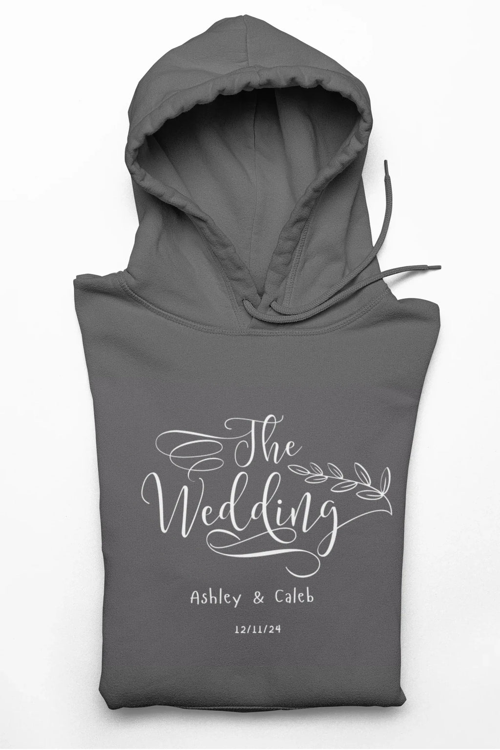 Charcoal wedding day hoodie sweatshirt with “The Wedding” front logo and hood