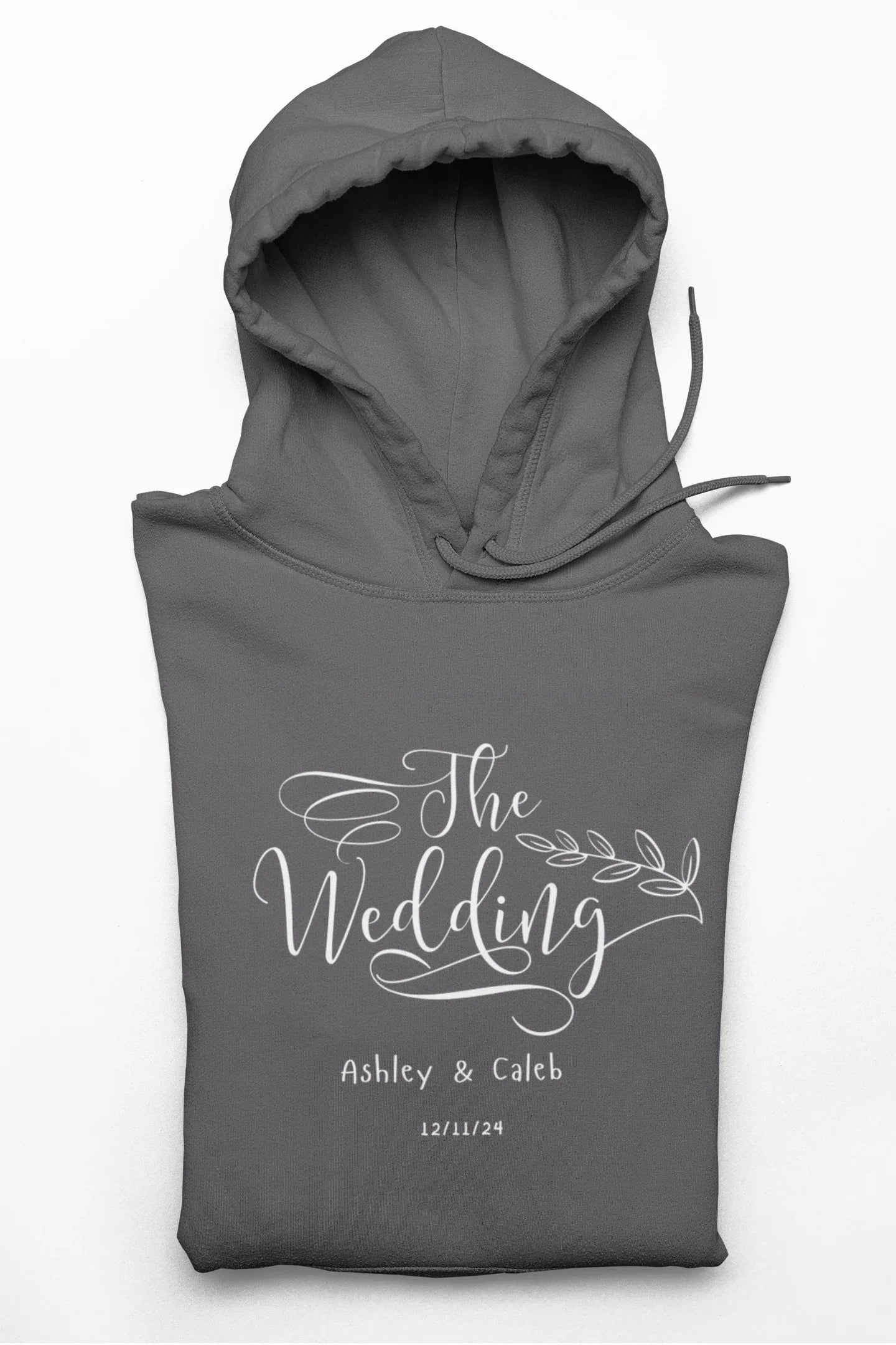 Charcoal wedding day hoodie sweatshirt with “The Wedding” front logo and hood
