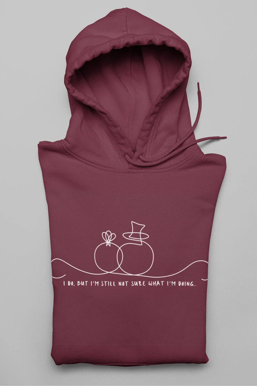 Maroon unisex hoodie with hood and pouch pocket, line-art wedding rings graphic