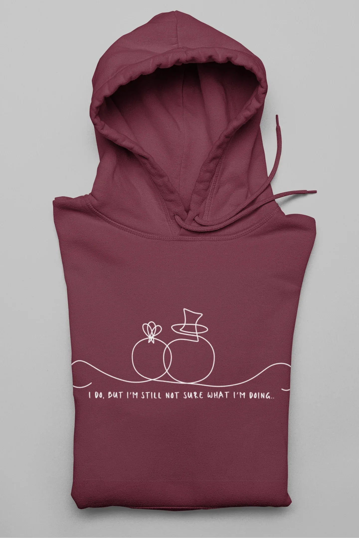 Maroon unisex hoodie with hood and pouch pocket, line-art wedding rings graphic