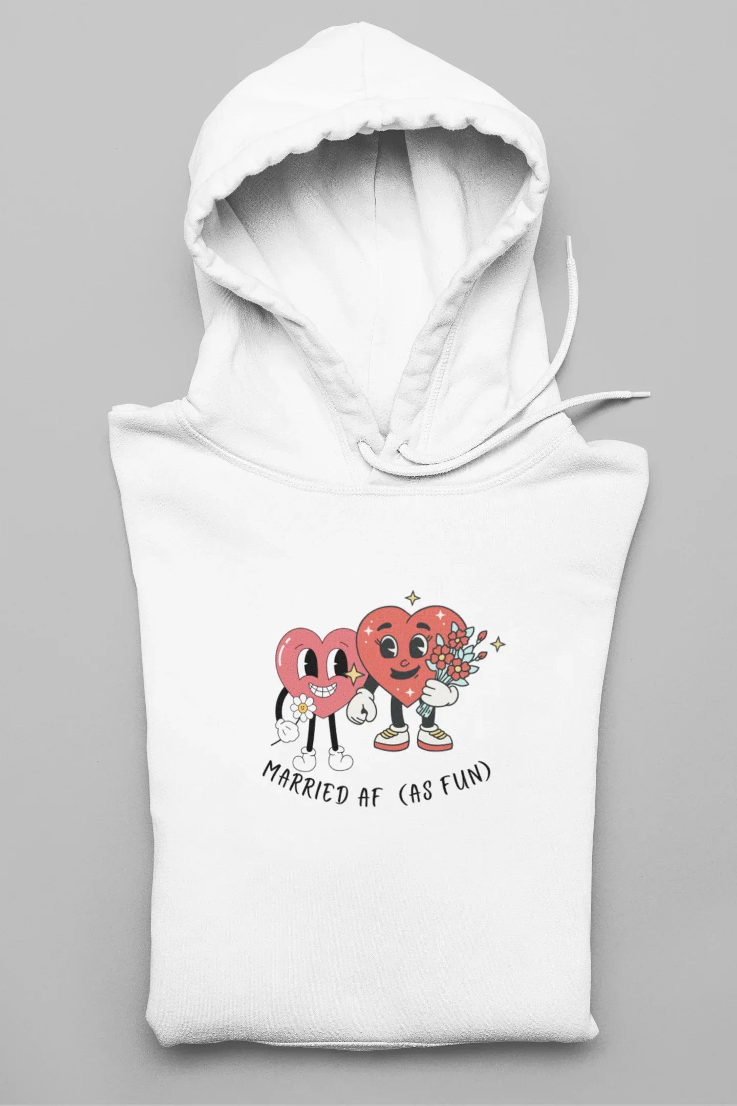 White hoodie sweatshirt with front heart cartoon graphic and 'Married AF (as fun)'