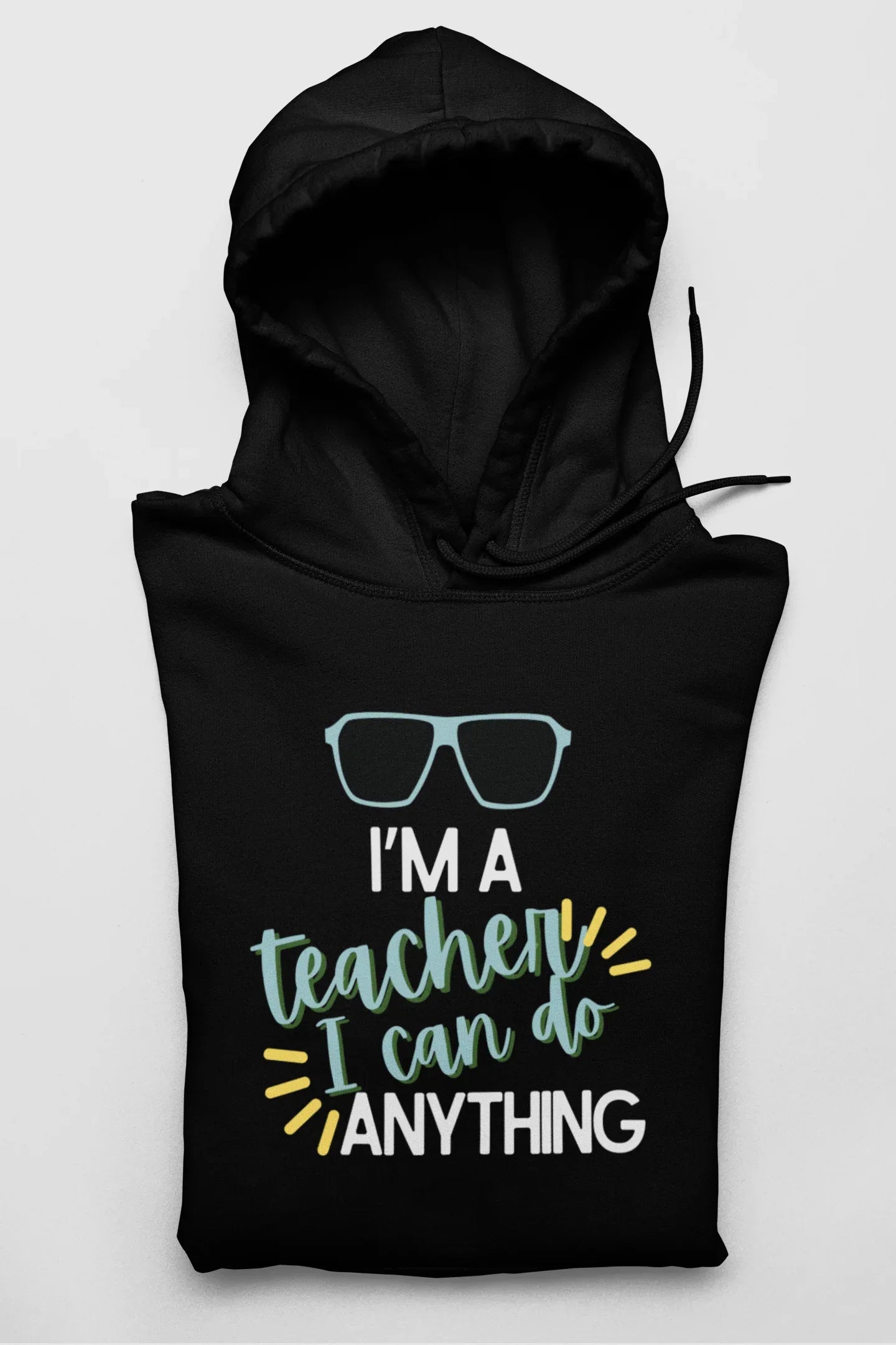 Black unisex hoodie with drawstring hood and front teacher slogan graphic