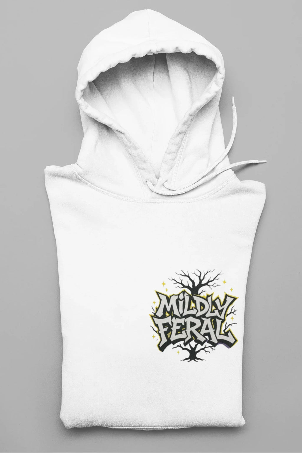 White graphic hoodie with a small chest “Mildly Feral” logo and front pouch pocket