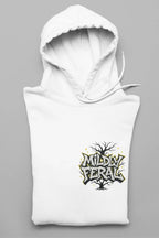 White graphic hoodie with a small chest “Mildly Feral” logo and front pouch pocket