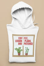 White pullover hoodie with hood and kangaroo pocket, front graphic with potted plants and text