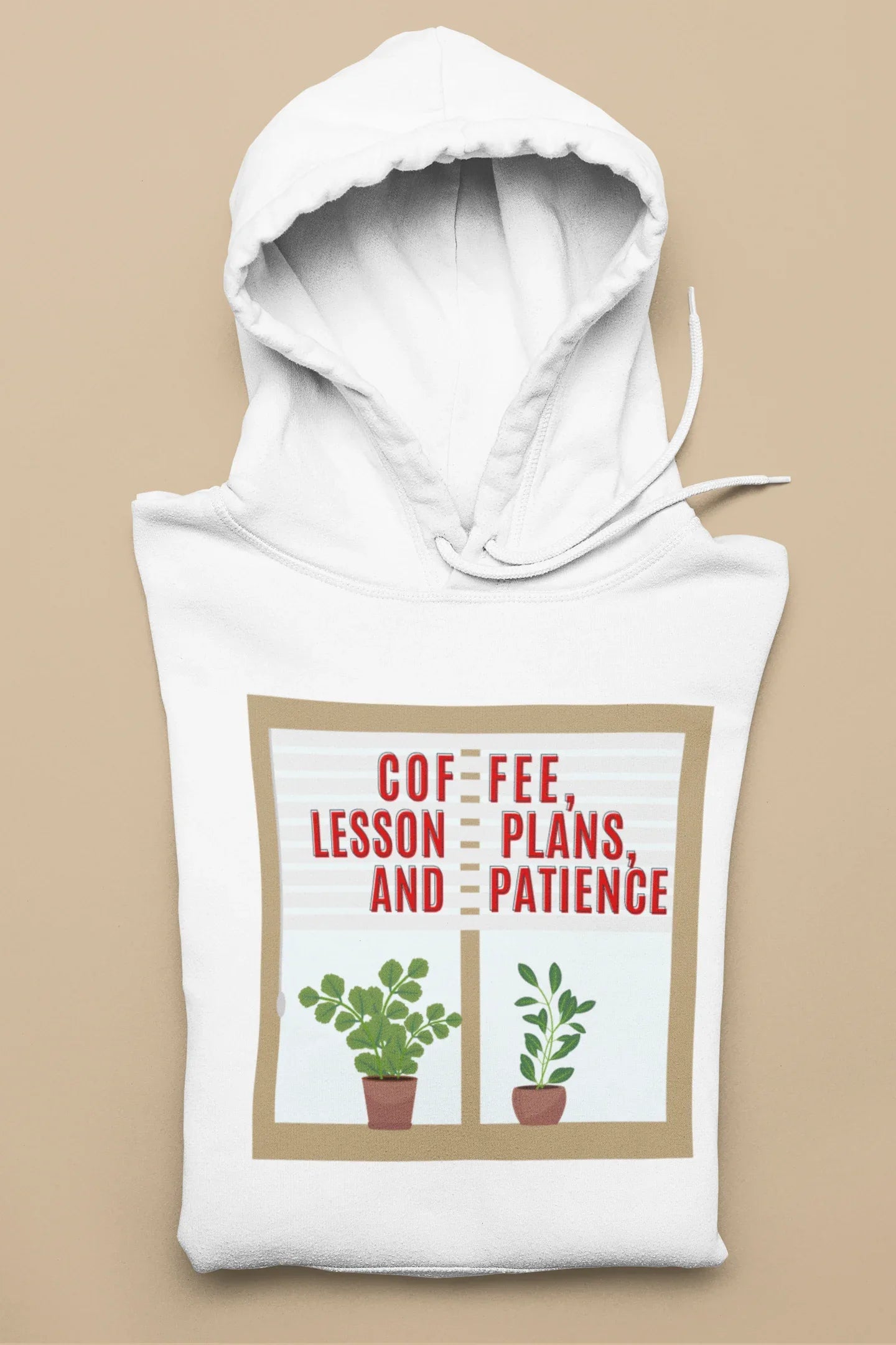 White pullover hoodie with hood and kangaroo pocket, front graphic with potted plants and text