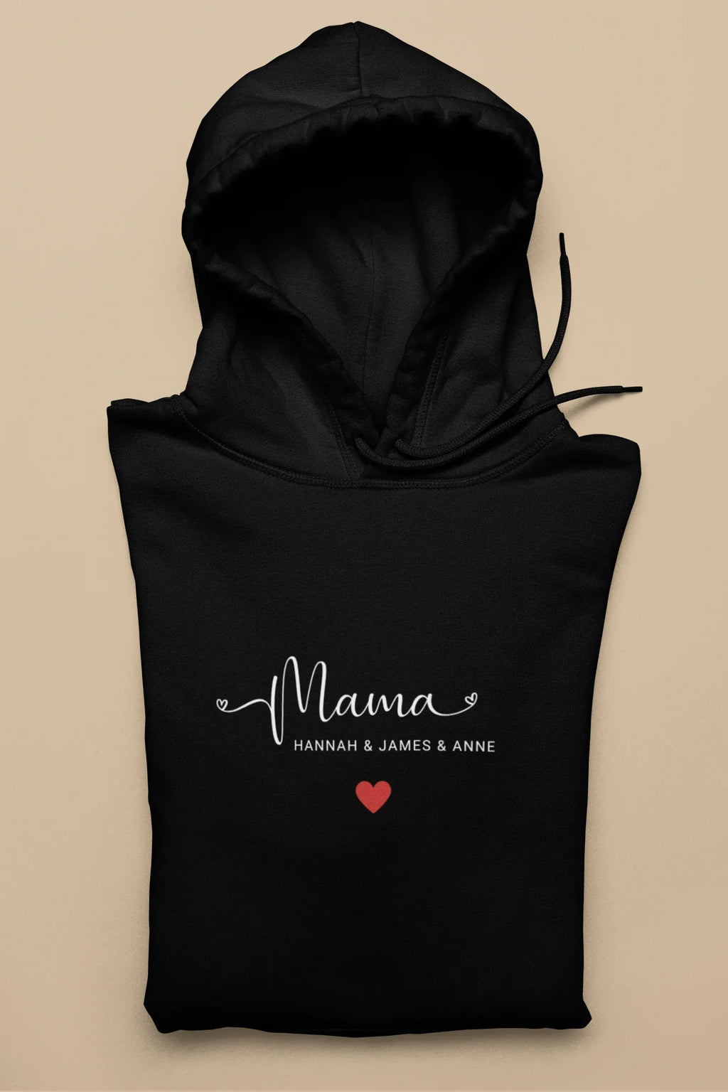 Black hooded sweatshirt, “Mama” print with red heart on chest