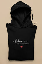 Black hooded sweatshirt, “Mama” print with red heart on chest