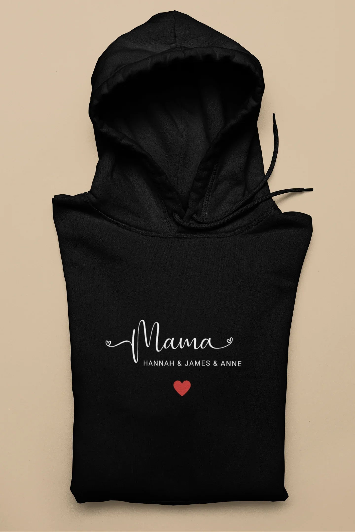 Black hooded sweatshirt, “Mama” print with red heart on chest