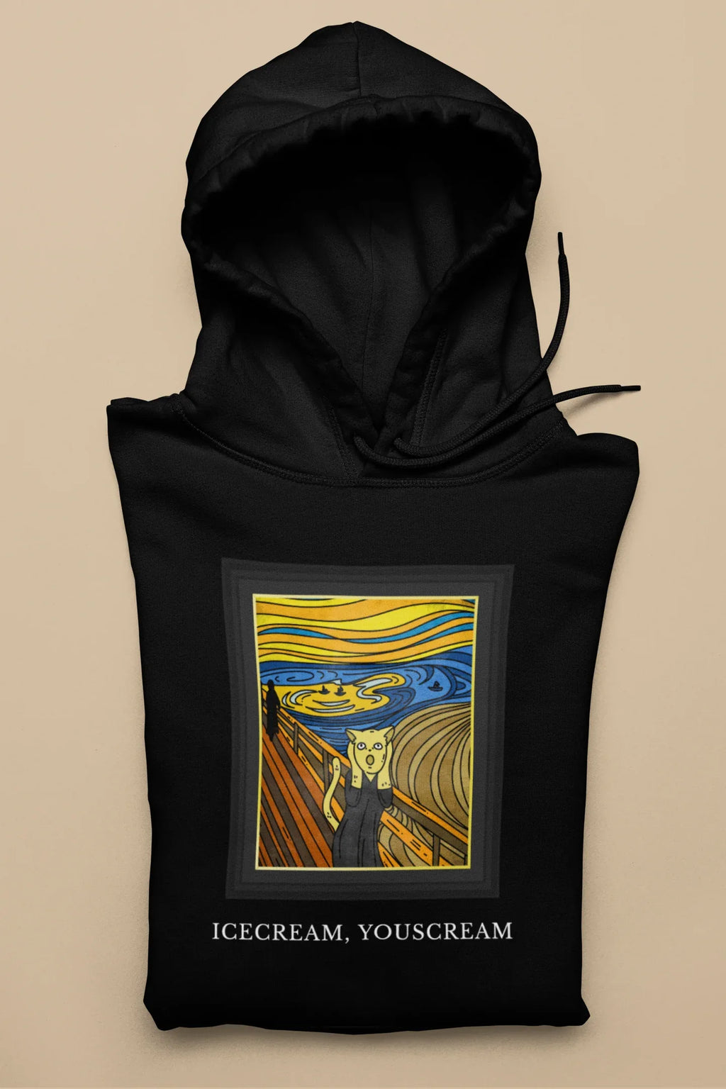 Black pullover hoodie with front hood and colorful square graphic print, ICECREAM text.