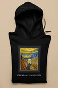 Black pullover hoodie with front hood and colorful square graphic print, ICECREAM text.