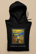 Black pullover hoodie with front hood and colorful square graphic print, ICECREAM text.