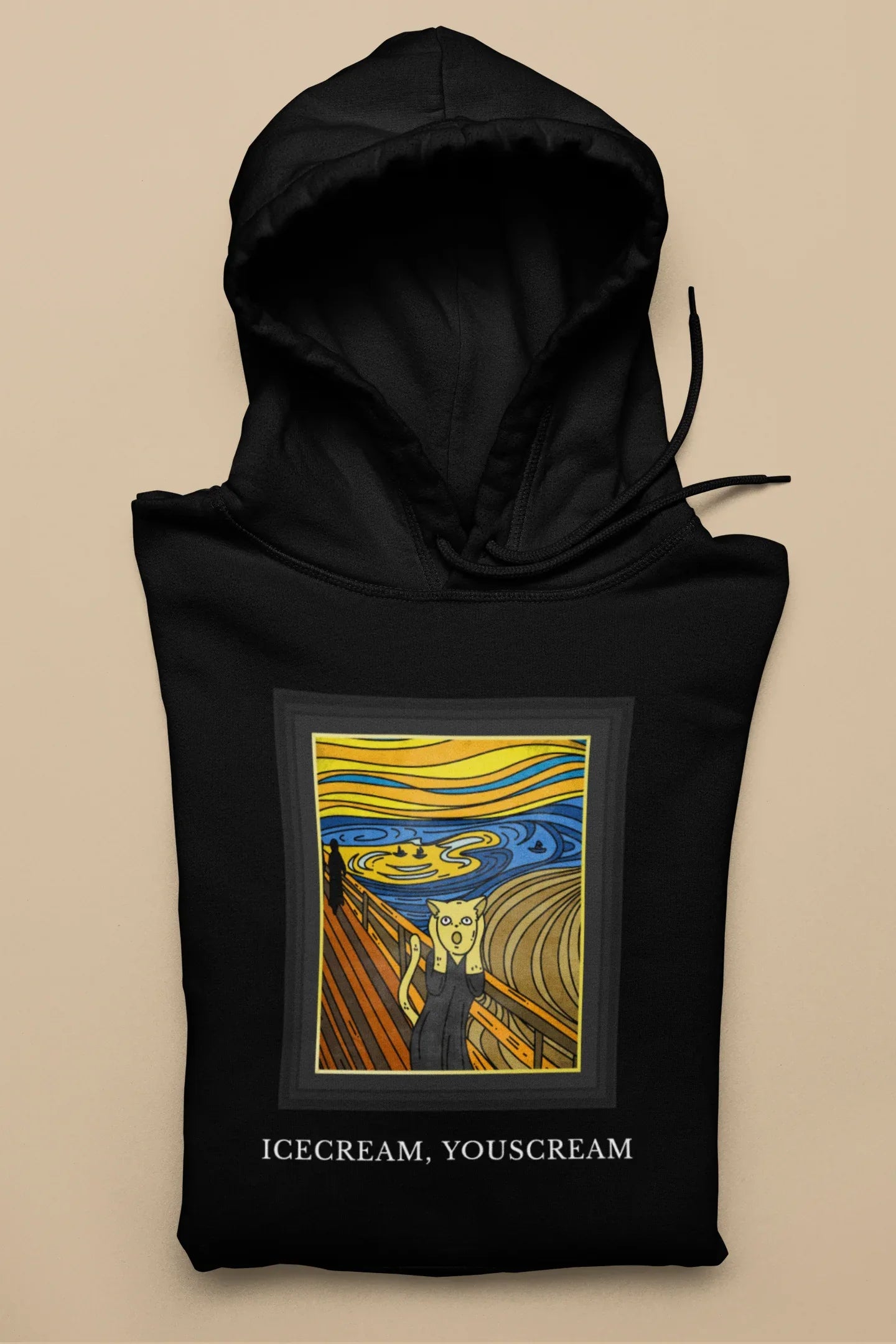 Black pullover hoodie with front hood and colorful square graphic print, ICECREAM text.