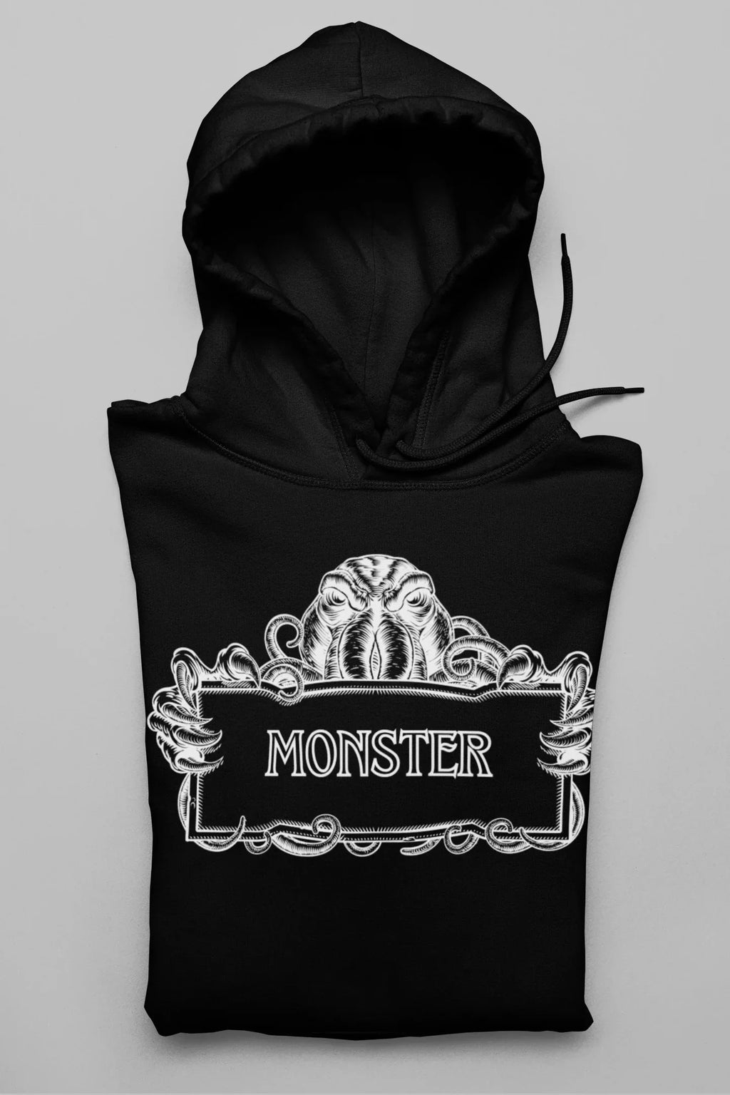 Black Monster Hooded Sweatshirt front close-up with white monster logo