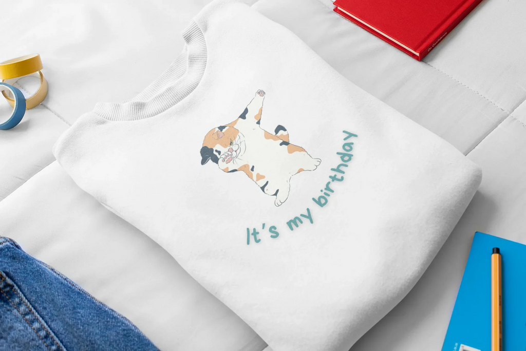 Kids sweatshirt, white with dabbing cat birthday graphic and “It’s my birthday” text