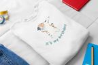 Kids sweatshirt, white with dabbing cat birthday graphic and “It’s my birthday” text