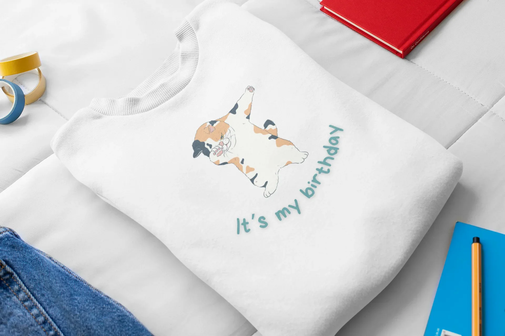 Kids sweatshirt, white with dabbing cat birthday graphic and “It’s my birthday” text