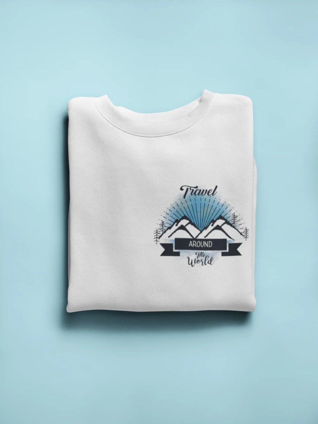 White crewneck sweatshirt with long sleeves and travel-themed chest logo graphic