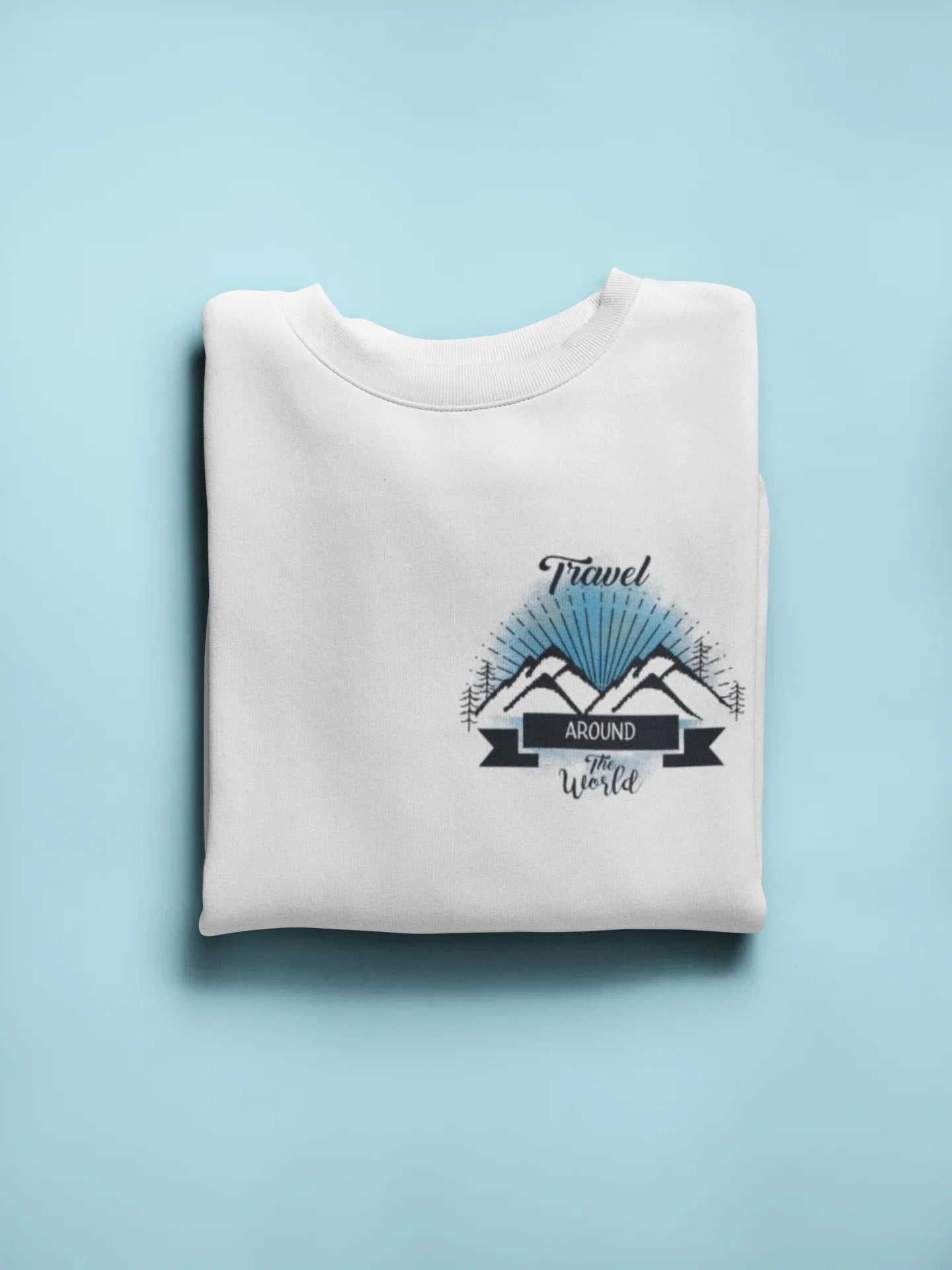 White crewneck sweatshirt with long sleeves and travel-themed chest logo graphic