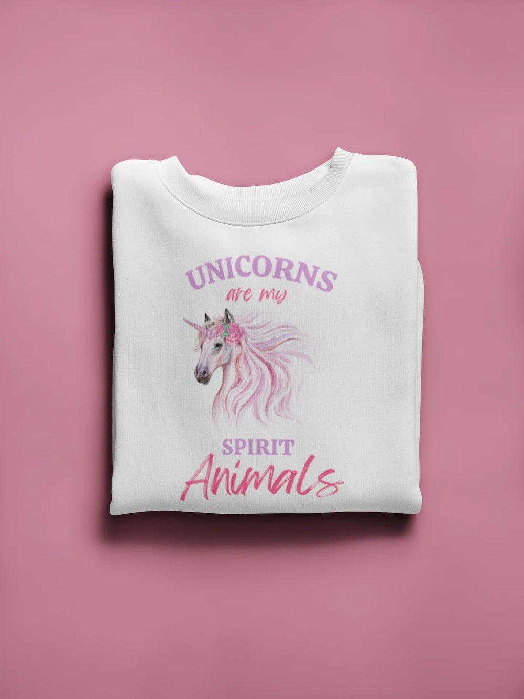 Kids white sweatshirt with folded look and unicorn "Spirit Animals" graphic print