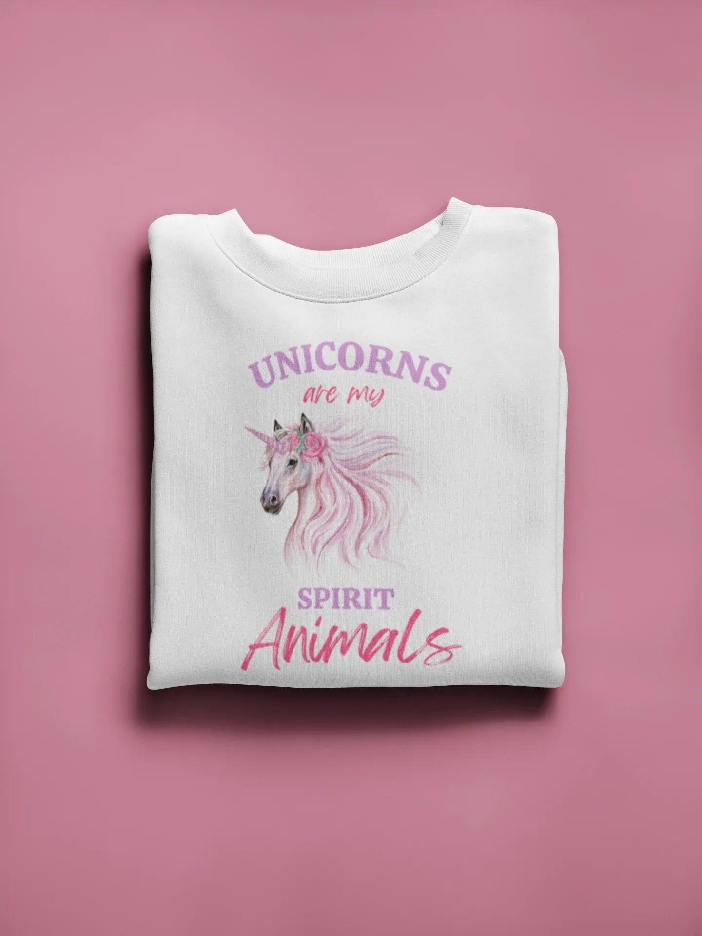 Kids white sweatshirt with folded look and unicorn "Spirit Animals" graphic print