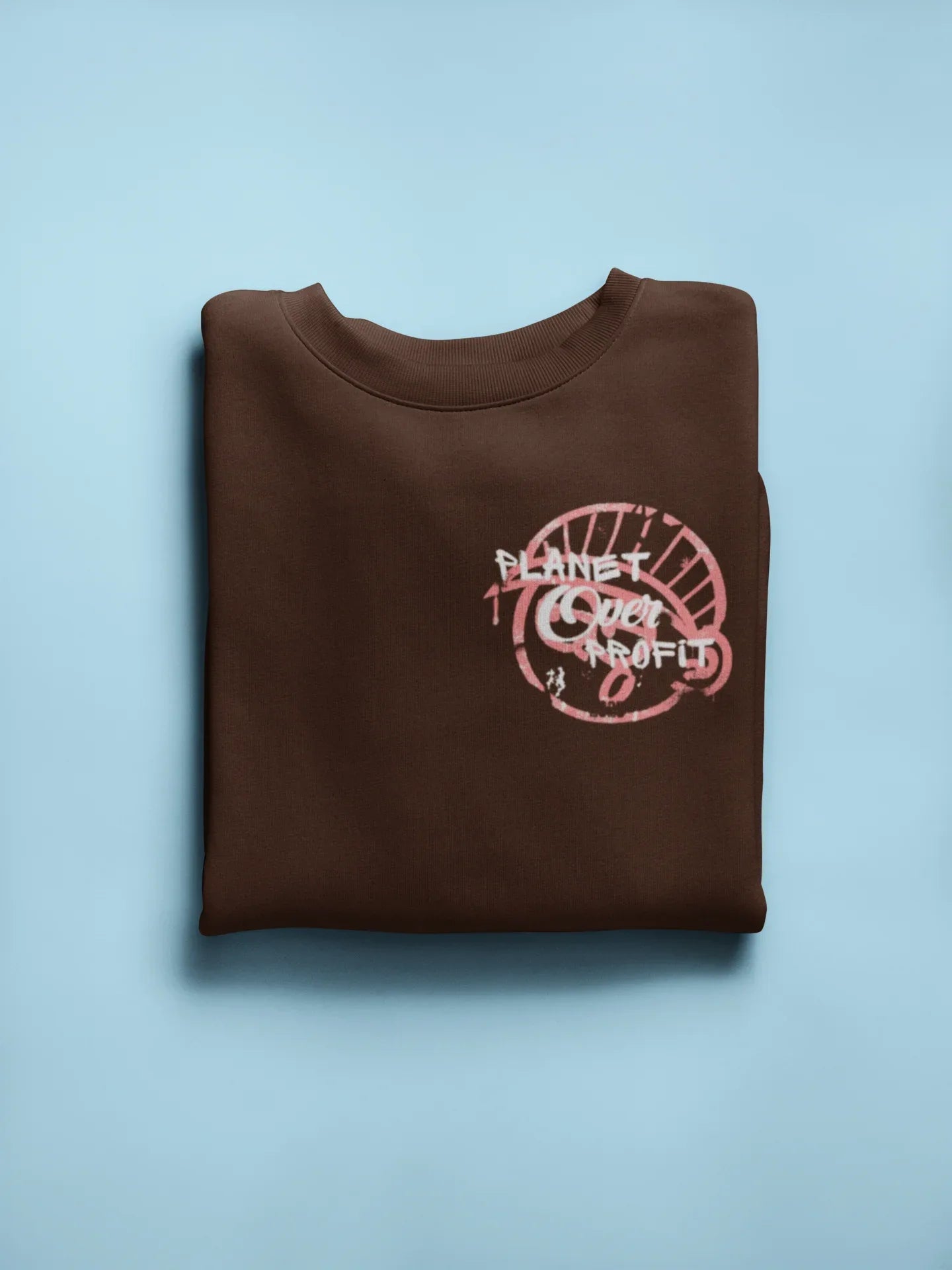 Brown crewneck sweatshirt with pink Planet Over Profit logo on chest