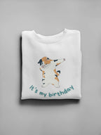 Kids sweatshirt, white crewneck with dabbing cat “It’s my birthday” graphic