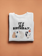White crewneck cat birthday sweatshirt with front graphic cats and “It’s my birthday” text