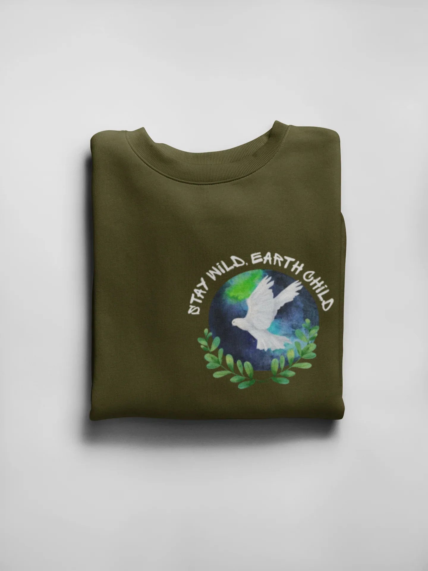 Olive green sweatshirt with dove nature emblem on front, crew neck, long sleeves