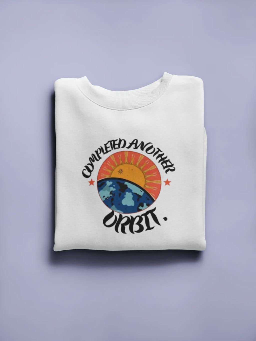 White crewneck sweatshirt with circular space graphic and “Orbit!” text
