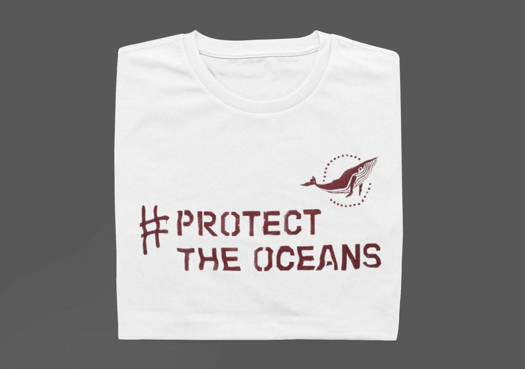 White crewneck T-shirt with #PROTECT THE OCEANS text and bird graphic