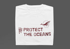 White crewneck T-shirt with #PROTECT THE OCEANS text and bird graphic