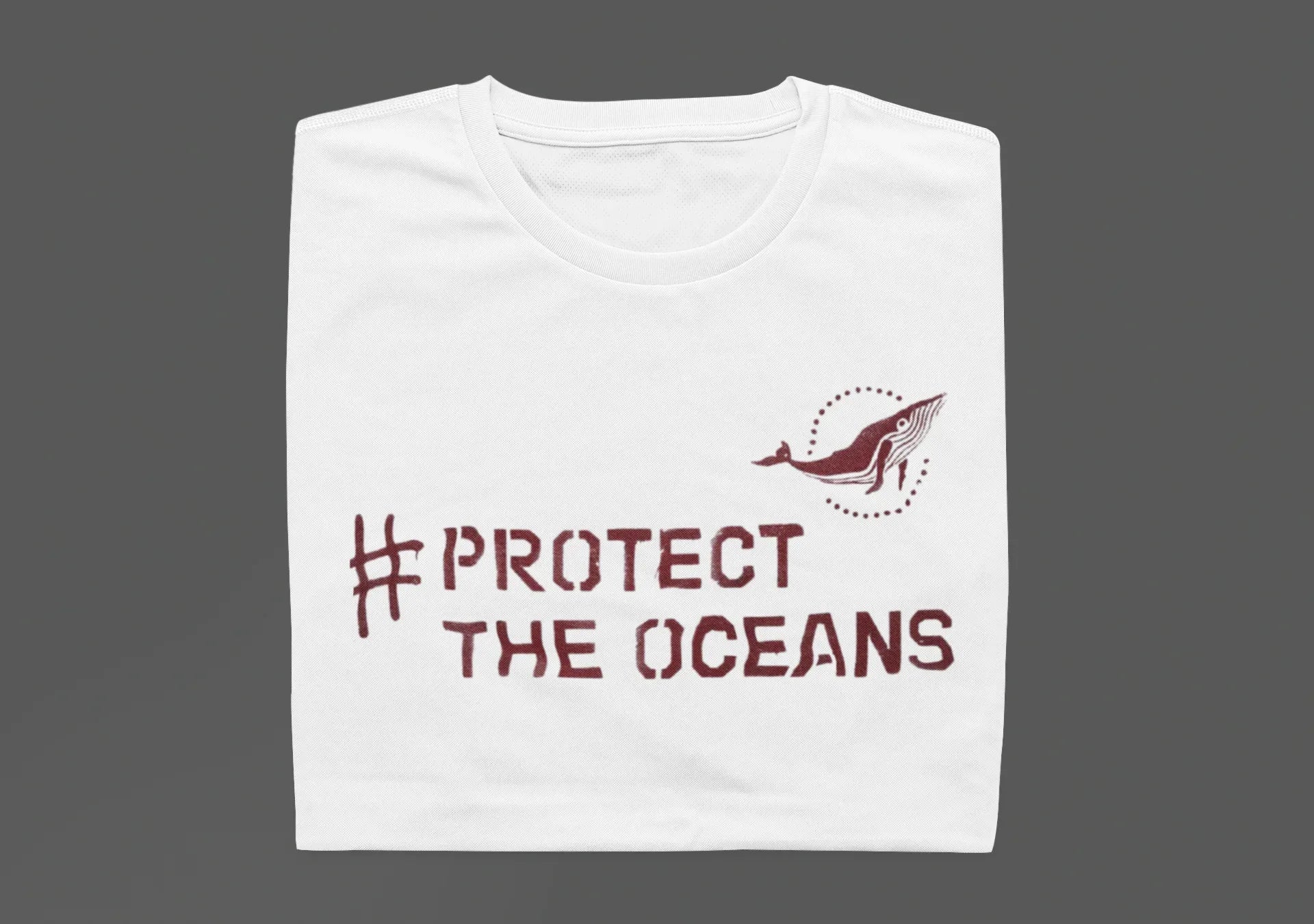 White crewneck T-shirt with #PROTECT THE OCEANS text and bird graphic